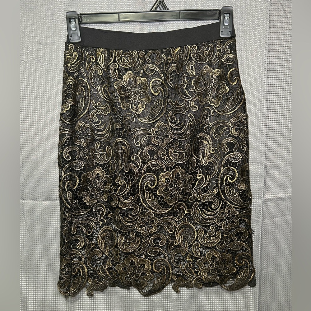 Black and Gold Lace Overlay Pencil Skirt